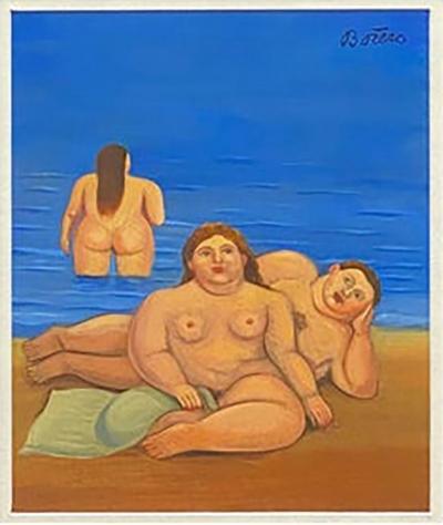 Fernando Botero Fernando Botero Watercolor Painting Man Women at the Beach Signed Framed