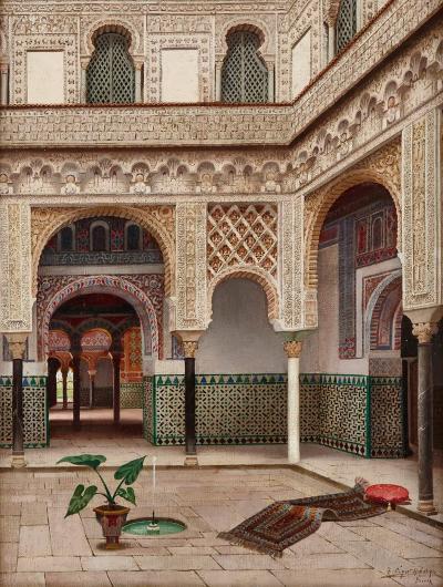 Fernando Liger Hidalgo Orientalist oil painting of the Alc zar of Seville by Hidalgo