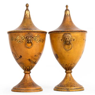 Fine 19th Century Near Pair of Regency Tole Painted Chestnut Urns