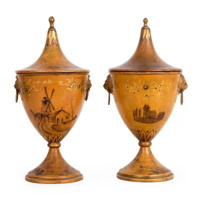 Fine 19th Century Near Pair of Regency Tole Painted Chestnut Urns