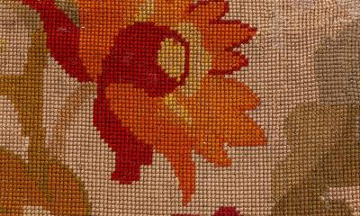 Fine Antique Botanic Orange Needlework Carpet