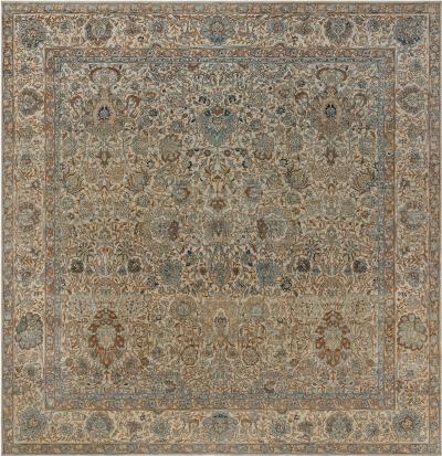 Fine Antique Persian Kirman Beige Blue Brown Handmade Wool Rug