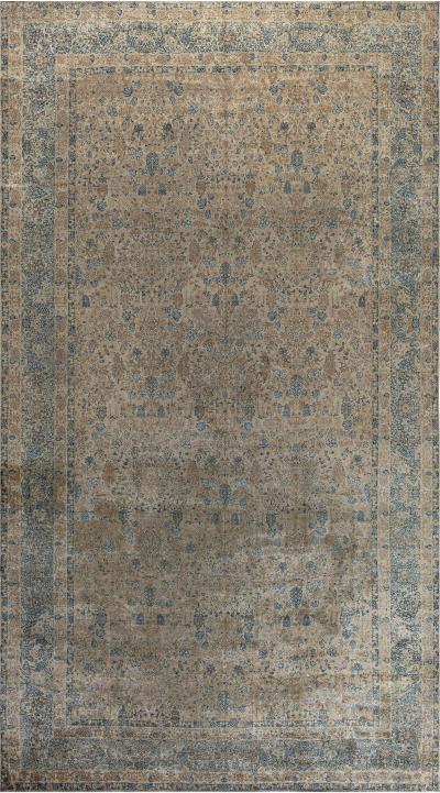 Fine Antique Persian Kirman Beige Blue Green Handmade Wool Rug