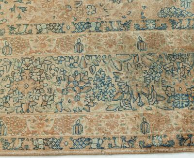 Fine Antique Persian Kirman Beige Blue Green Handmade Wool Rug