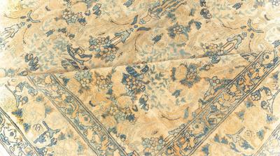 Fine Antique Persian Kirman Beige Blue Handmade Wool Rug