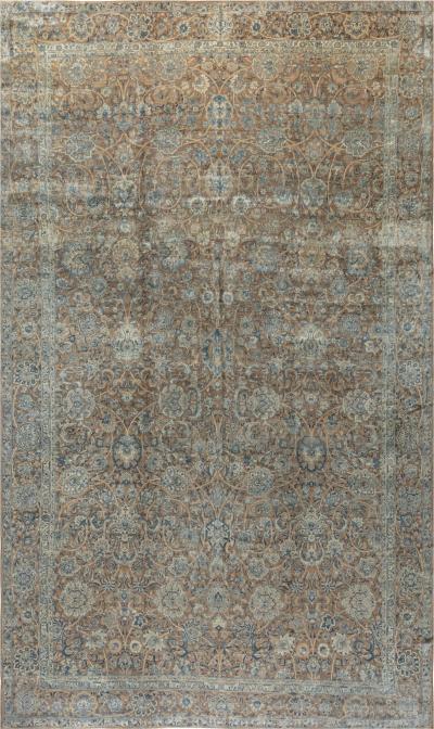 Fine Antique Persian Kirman Brown Blue Handmade Wool Carpet