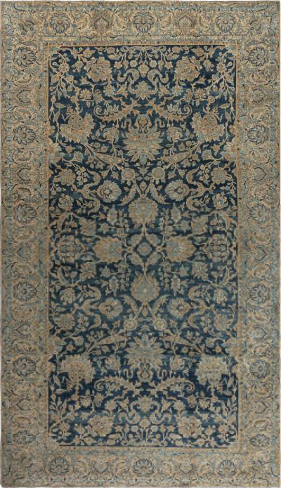 Fine Antique Persian Kirman Midnight Blue Handmade Wool Rug