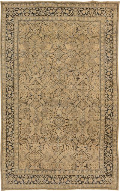 Fine Antique Persian Meshad Botanic Yellow Hand Knotted Wool Rug