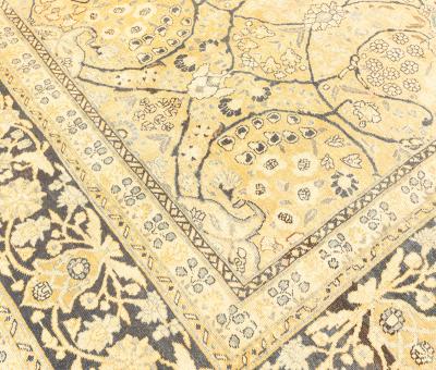 Fine Antique Persian Meshad Botanic Yellow Hand Knotted Wool Rug