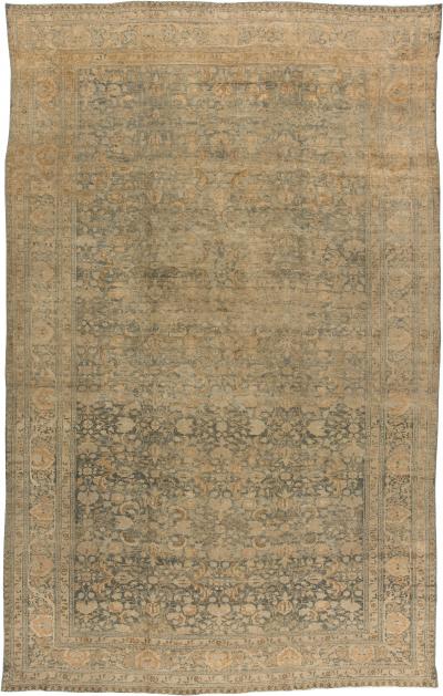 Fine Antique Persian Tabriz Blue Beige Handmade Wool Rug