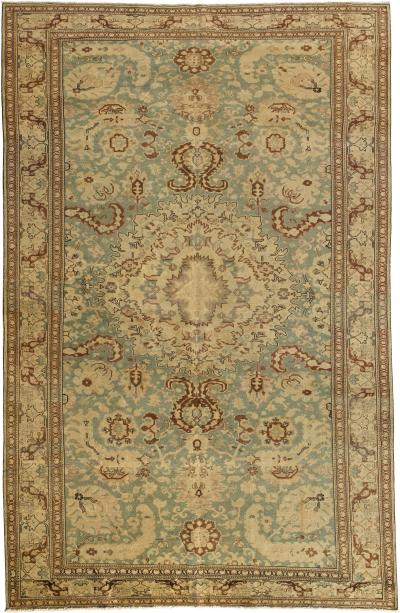 Fine Antique Turkish Sivas Green and Beige Handwoven Wool Rug