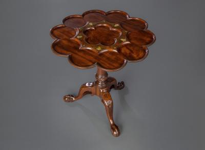 Fine Brass Inlaid Scalloped Tripod Table Attributed to Frederick Hintz