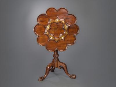 Fine Brass Inlaid Scalloped Tripod Table Attributed to Frederick Hintz