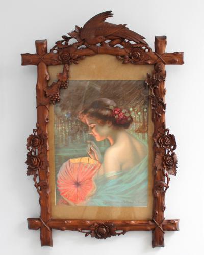 Fine French 1900s Hand Carved Frame with an Original Print