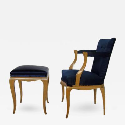 Fine French 1940s Armchair and Matching Stool