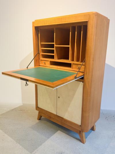 Fine French 1940s Sycamore and Parchment Secretary