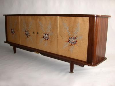 Fine French 1950s Sycamore and Rosewood Sideboard with Original Painted Doors