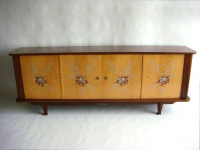 Fine French 1950s Sycamore and Rosewood Sideboard with Original Painted Doors