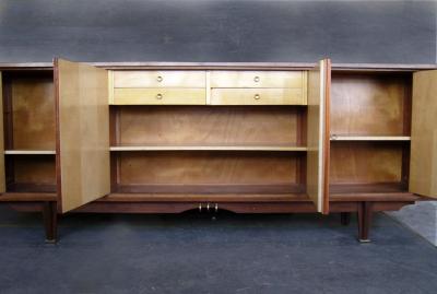 Fine French 1950s Sycamore and Rosewood Sideboard with Original Painted Doors
