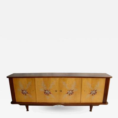 Fine French 1950s Sycamore and Rosewood Sideboard with Original Painted Doors