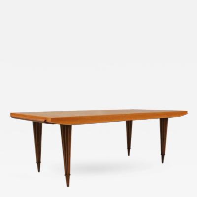 Fine French Art Deco Expandable Oak Table with Brass Ribbed Conical Legs