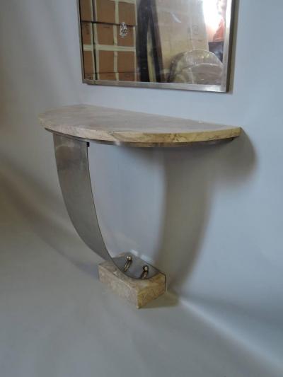 Fine French Art Deco Hammered Metal and Marble Console Table with Mirror