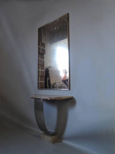 Fine French Art Deco Hammered Metal and Marble Console Table with Mirror