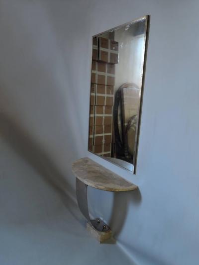 Fine French Art Deco Hammered Metal and Marble Console Table with Mirror