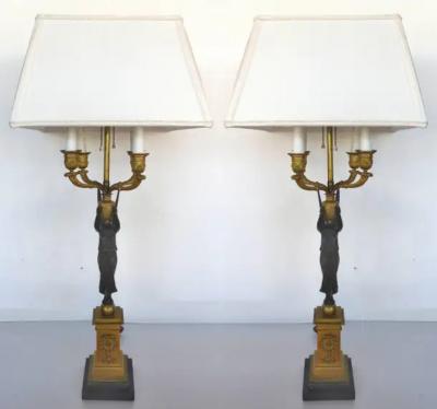 Fine French Empire 19th Century Bronze Candelabras Mounted as Lamps Pair