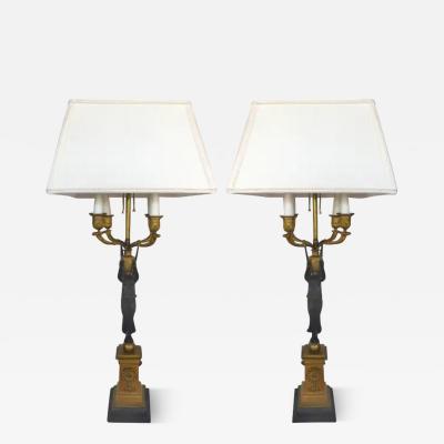 Fine French Empire 19th Century Bronze Candelabras Mounted as Lamps Pair