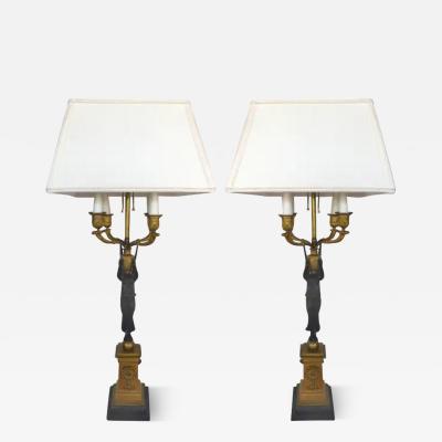 Fine French Empire 19th Century Bronze Candelabras Mounted as Lamps Pair