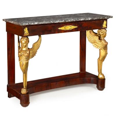 Fine French Empire Mahogany Gilt Figural Sphinx Pier Console Table c 1815