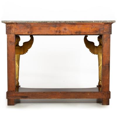 Fine French Empire Mahogany Gilt Figural Sphinx Pier Console Table c 1815