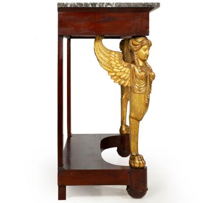 Fine French Empire Mahogany Gilt Figural Sphinx Pier Console Table c 1815