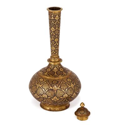 Fine Indian Gold Damascened Koftgari Steel Bottle and Stopper