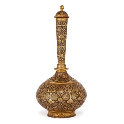Fine Indian Gold Damascened Koftgari Steel Bottle and Stopper