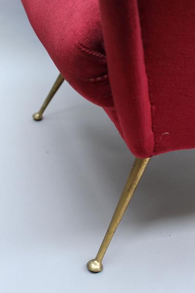 Fine Italian Red Velvet Armchair with Brass Legs 1970s
