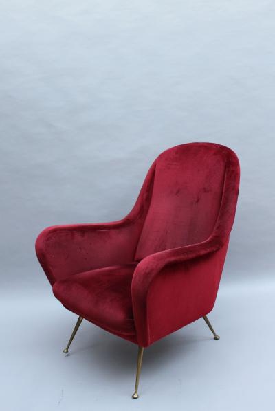 Fine Italian Red Velvet Armchair with Brass Legs 1970s