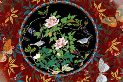 Fine Japanese Cloisonn Enamel Charger Peonies Birds Butterflies Goto Seizabur 