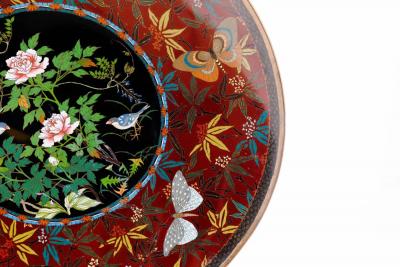Fine Japanese Cloisonn Enamel Charger Peonies Birds Butterflies Goto Seizabur 