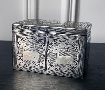 Fine Korean Iron Tobacco Box with Silver Inlay Joseon Dynasty