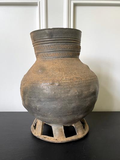 Fine Korean Pottery Footed Jar with Long Neck Silla Period