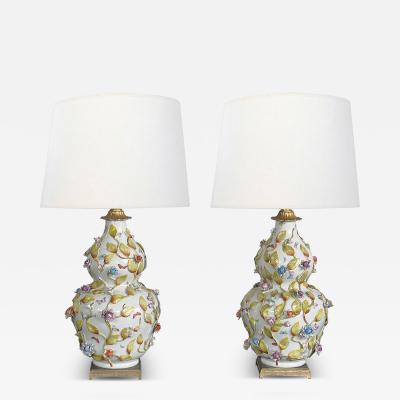 Fine Pair of Continental Double Gourd Lamps with Applied Floral Vines