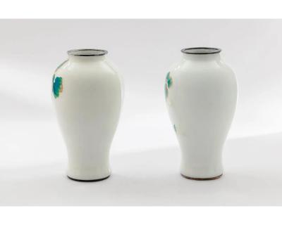 Fine Pair of Japanese Cloisonn Enamel Vases by Ando with Grapes on White Ground