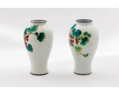 Fine Pair of Japanese Cloisonn Enamel Vases by Ando with Grapes on White Ground