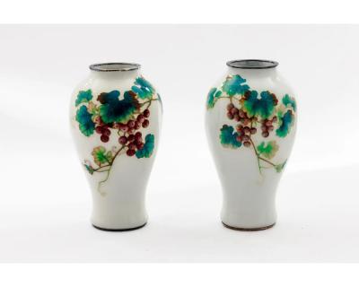 Fine Pair of Japanese Cloisonn Enamel Vases by Ando with Grapes on White Ground