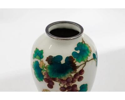Fine Pair of Japanese Cloisonn Enamel Vases by Ando with Grapes on White Ground