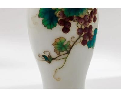 Fine Pair of Japanese Cloisonn Enamel Vases by Ando with Grapes on White Ground