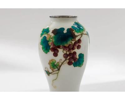 Fine Pair of Japanese Cloisonn Enamel Vases by Ando with Grapes on White Ground