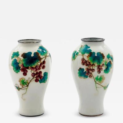 Fine Pair of Japanese Cloisonn Enamel Vases by Ando with Grapes on White Ground